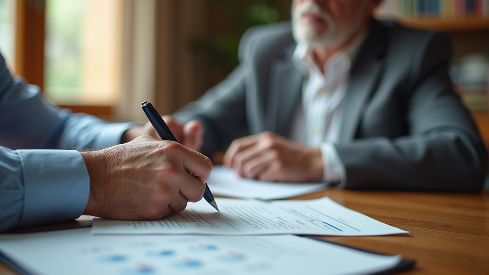 Close-up view of a financial advisor explaining documents to a senior family member