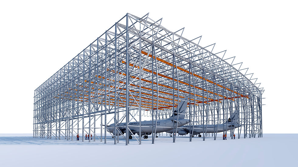Aeronautical infrastructure showing a steel hangar frame with planes