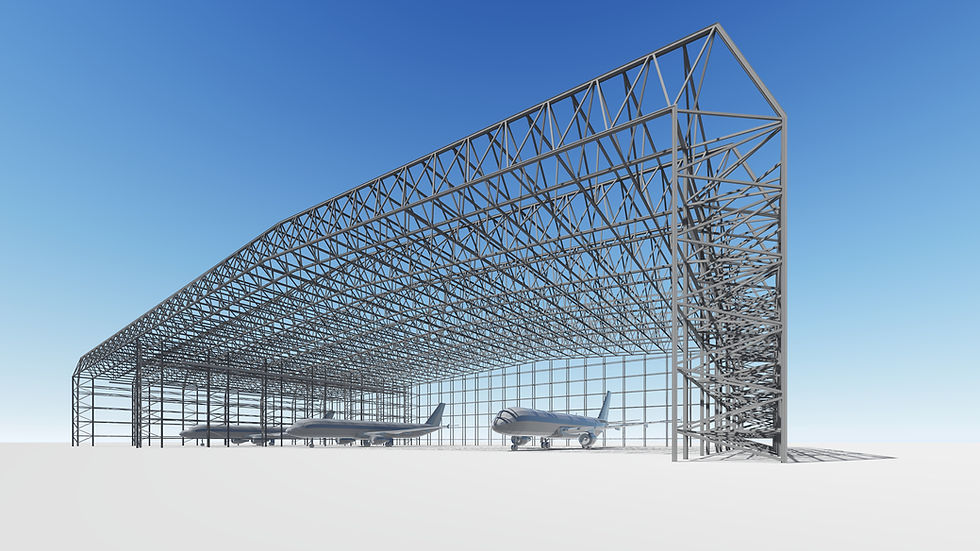 Steel hangar aeronautical infrastructure with parked planes