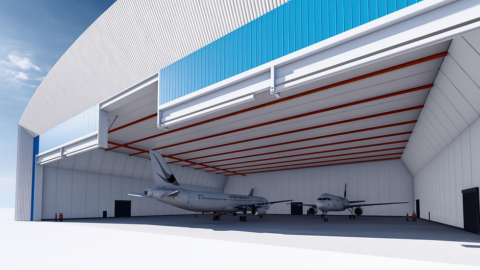 Large aircraft hangar and aeronautical infrastructure.