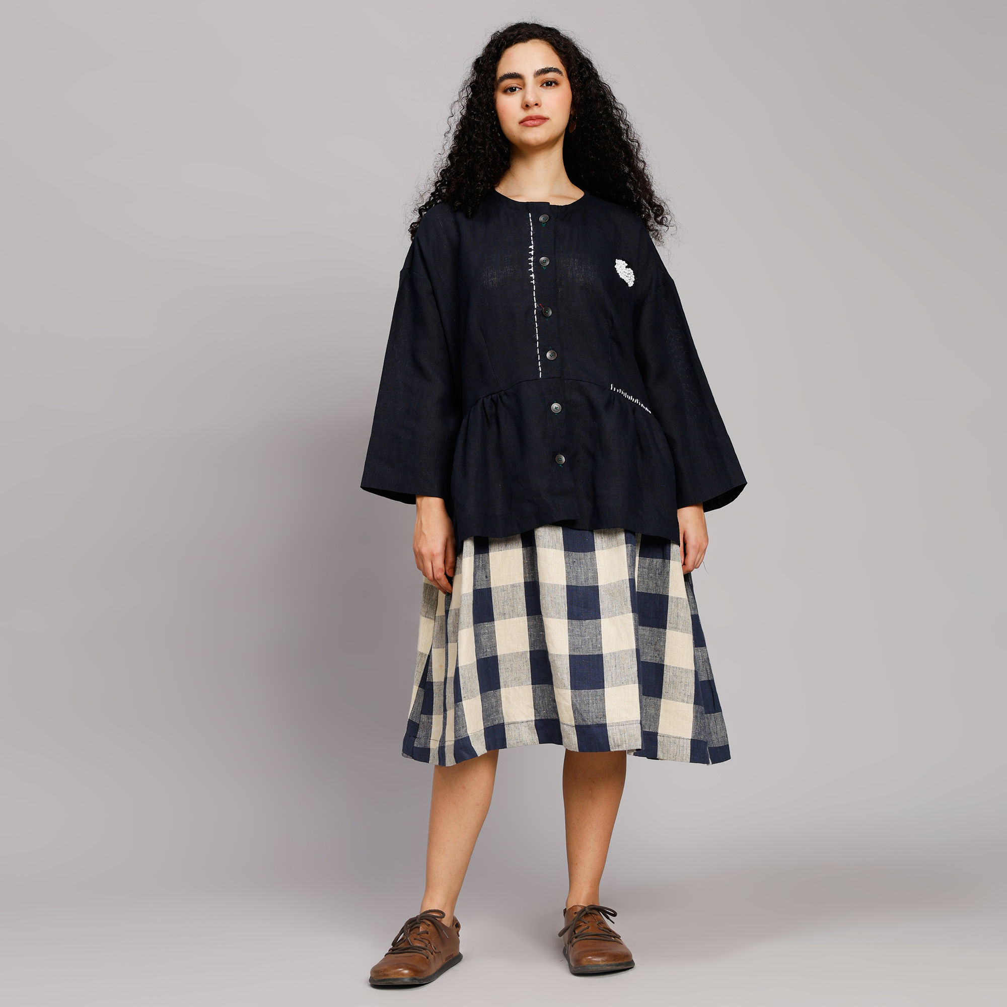 Linen Cotton Blue White Check One Piece Skirt-Top Dress