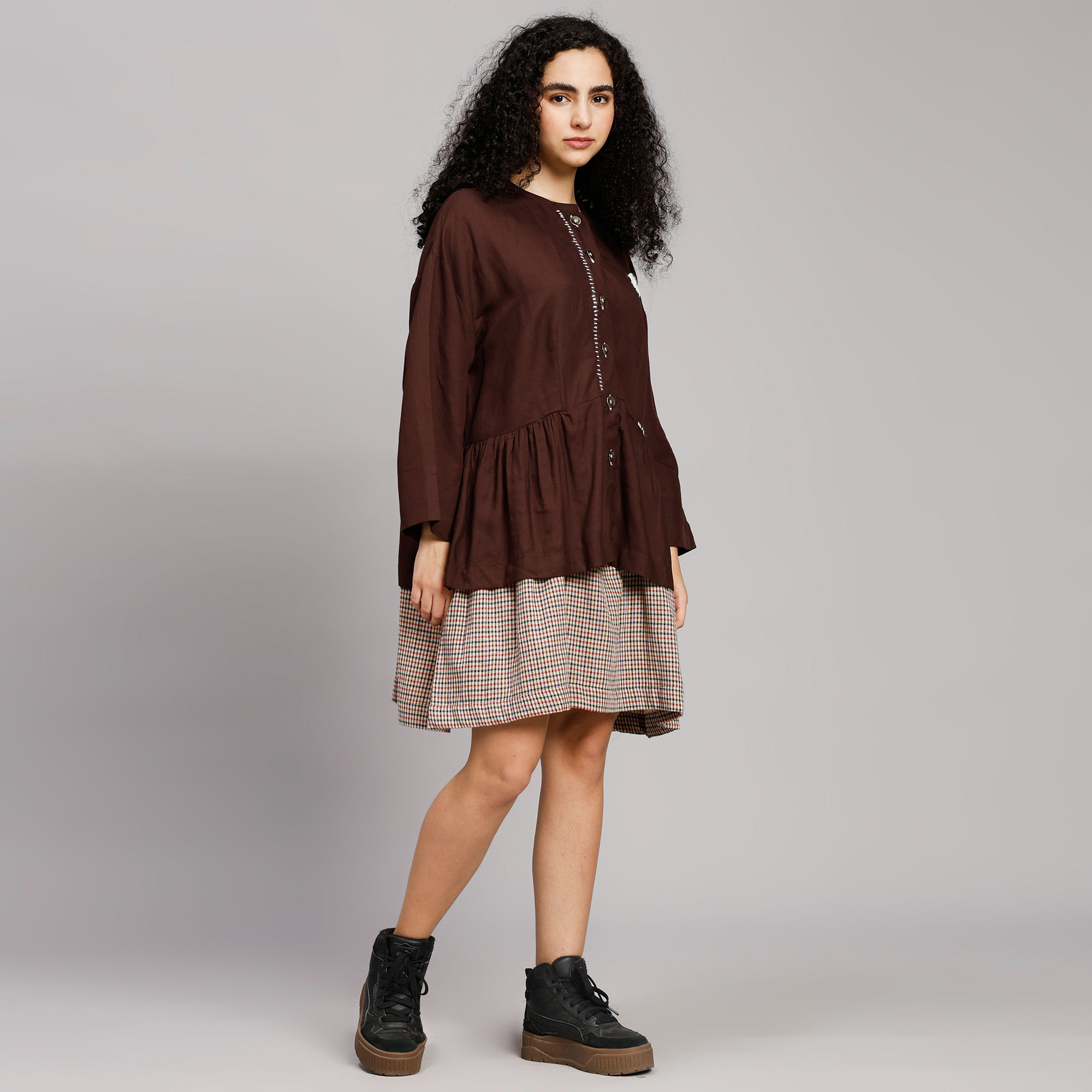 Linen Cotton Brown and Red-Black Check Skirt-Top Dress