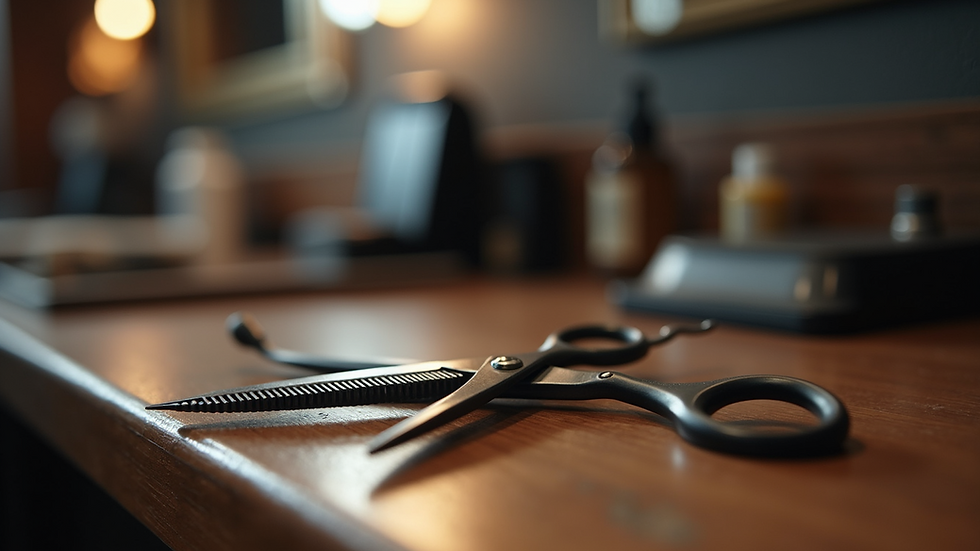 Close-up view of barber scissors and comb on a wooden counter