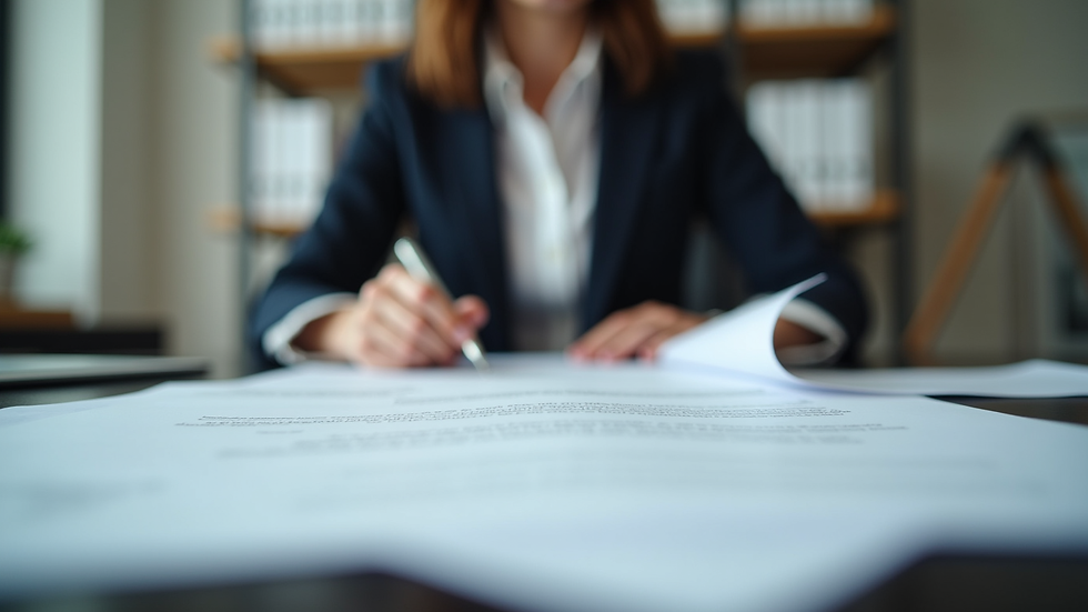 Eye-level view of a paralegal organizing legal documents on a desk