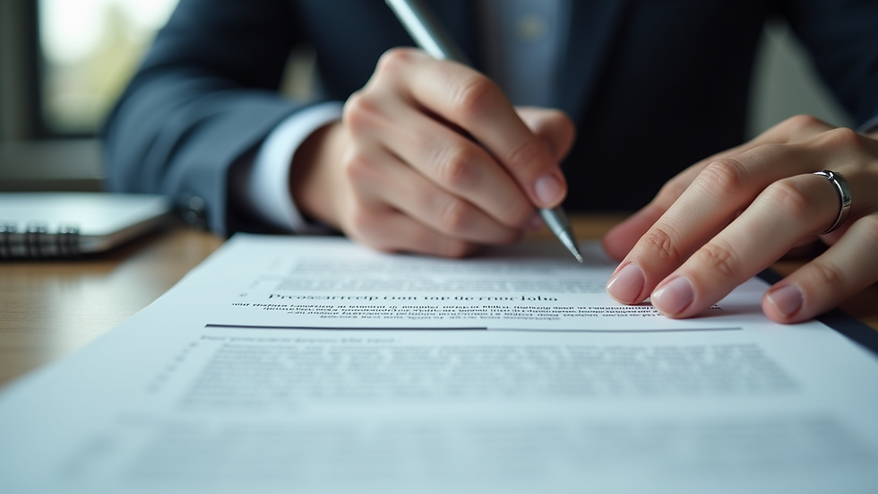 Close-up view of a person reviewing a printed contract with a pen