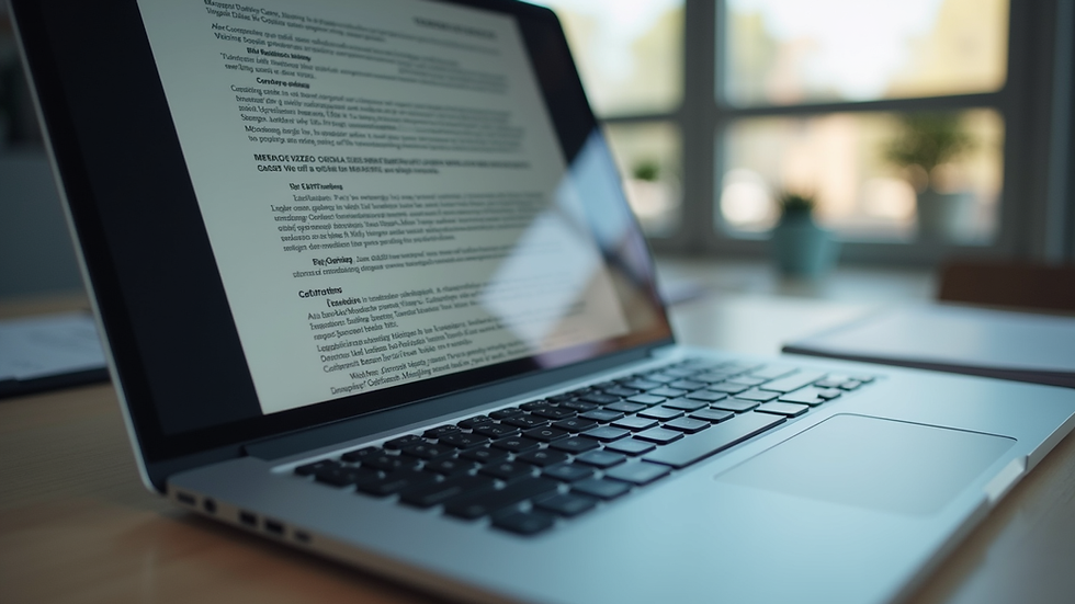 Eye-level view of a laptop displaying a contract document on screen