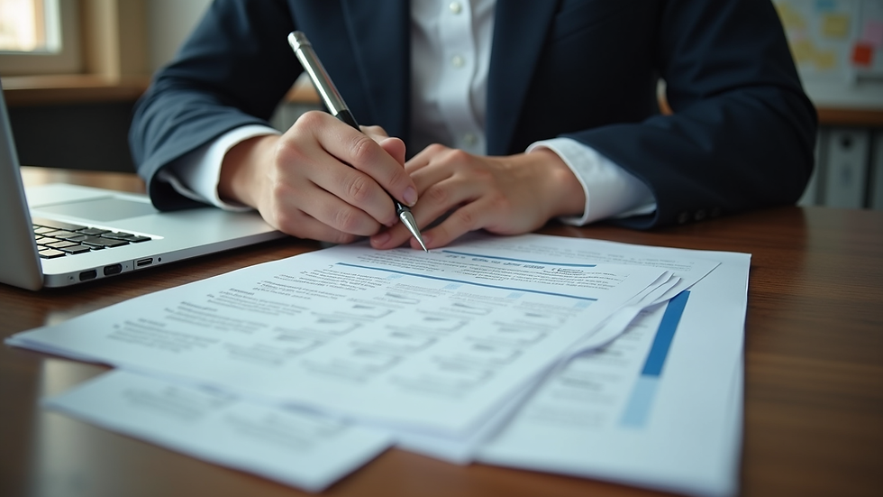 High angle view of a legal professional reviewing documents with a laptop nearby