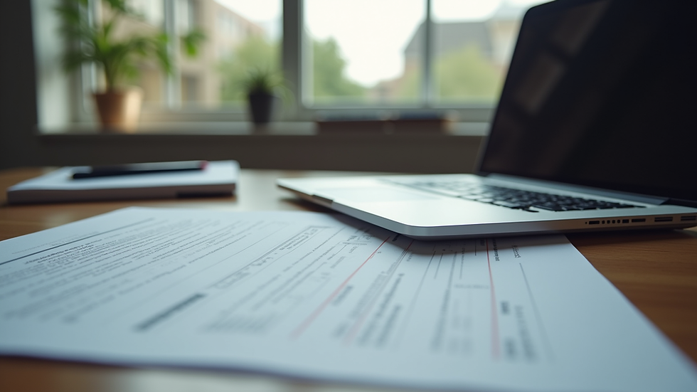 Eye-level view of a laptop with legal documents on a desk