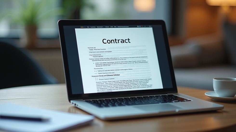 Eye-level view of a laptop displaying a contract document on screen