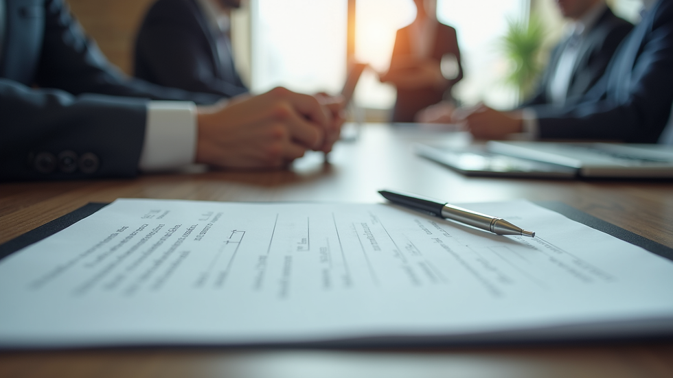 Close-up view of a business meeting with legal documents and laptops