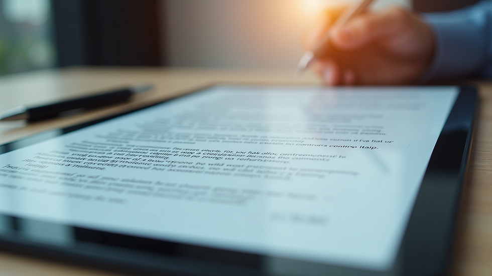Close-up view of a digital tablet showing contract terms and a pen beside it