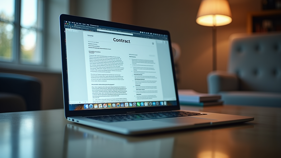 Eye-level view of a laptop displaying a contract document on screen