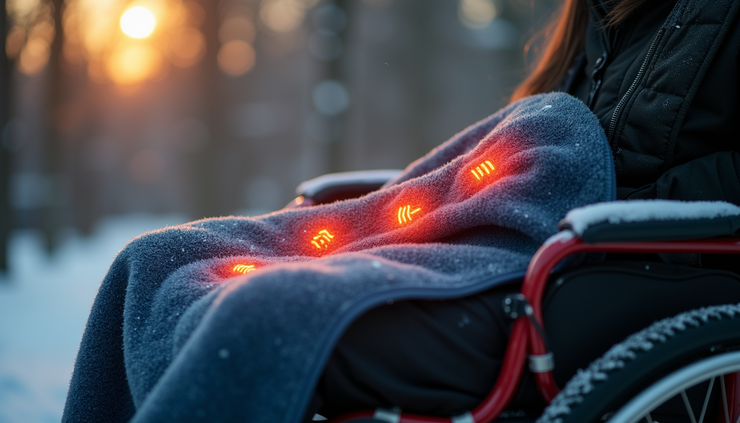 Close-up view of the Hahafelt heated wheelchair blanket showing heating pads and storage pockets