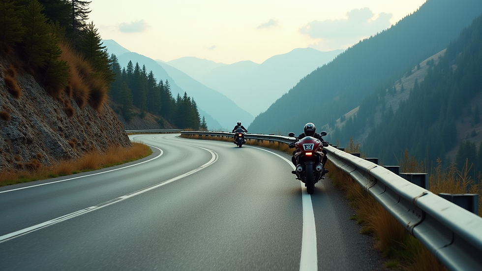 Eye-level view of a winding mountain road with a motorcycle parked on the side