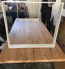 Oak and steel dining room table.