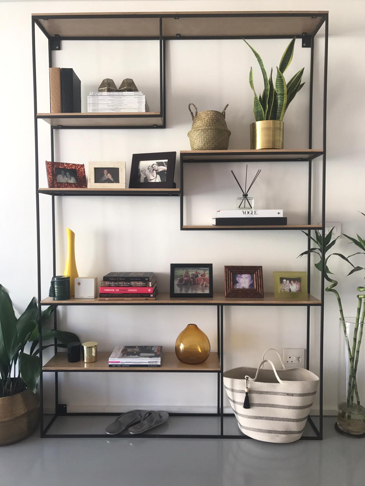 Steel and wood shelving. Living area