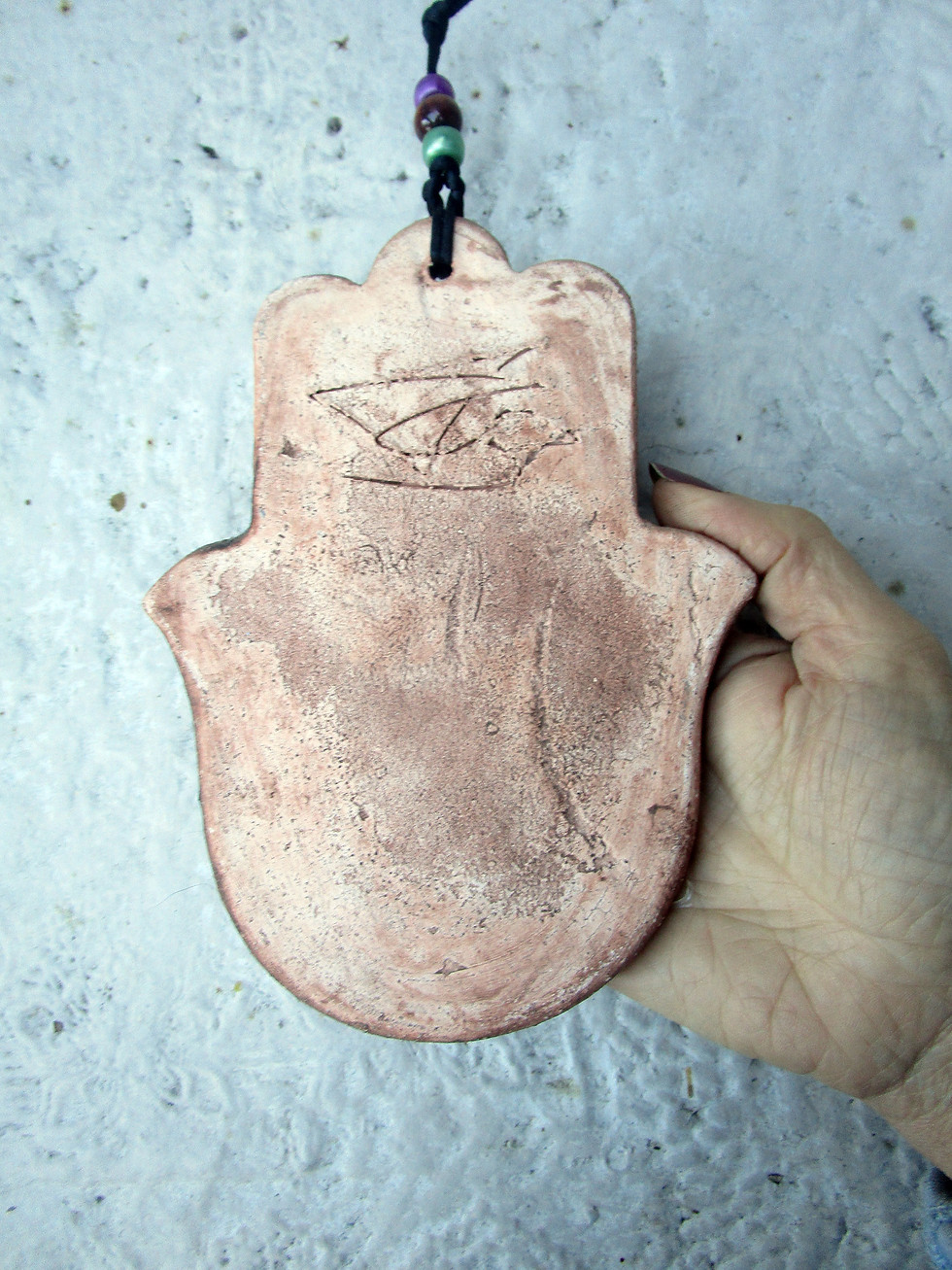 Thumbnail: Ceramic handmade hamsa sun wall hanging.