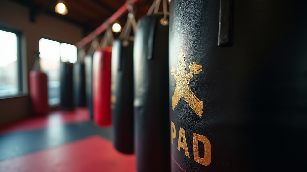Close-up view of a punching bag in a martial arts gym