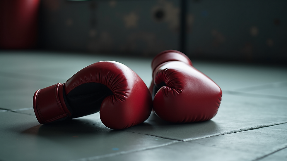 Close-up view of martial arts gloves and training gear on a mat