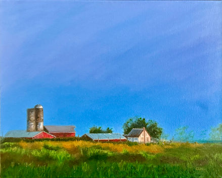 a painting of a farm with a silo in the background