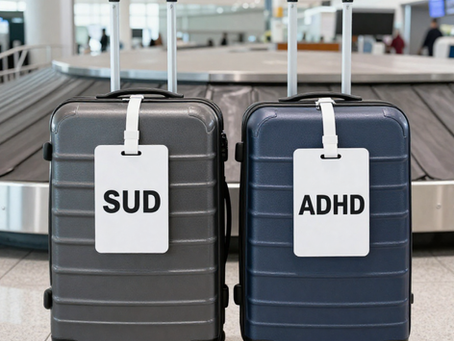 Two suitcases at an airport baggage carousel, tagged SUD and ADHD, with a calm, clinical feel.