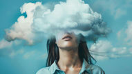 A person with their face obscured by a cloud, evoking a surreal atmosphere.