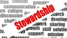 Red diagonal stewardship over a gray word cloud with terms like community, communication, culture, support, sharing, and partnership