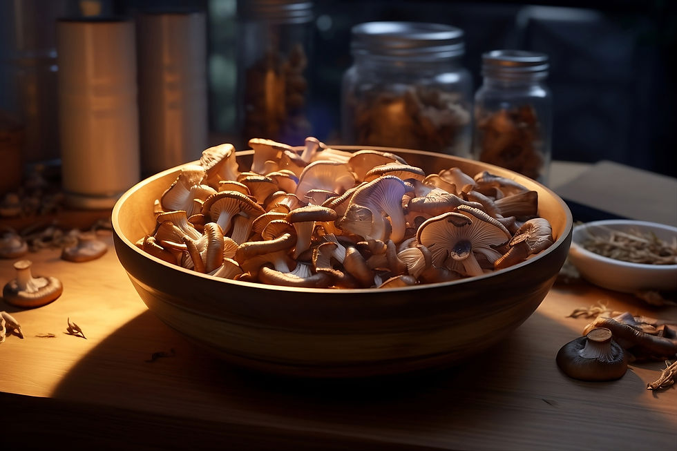 A wooden bowl filled with mushrooms is illuminated by warm light on a wooden table, surrounded by jars and scattered mushrooms. 