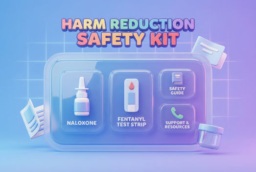 Pastel harm reduction safety kit graphic with naloxone, fentanyl test strip, safety guide, and support resources on blue-purple background