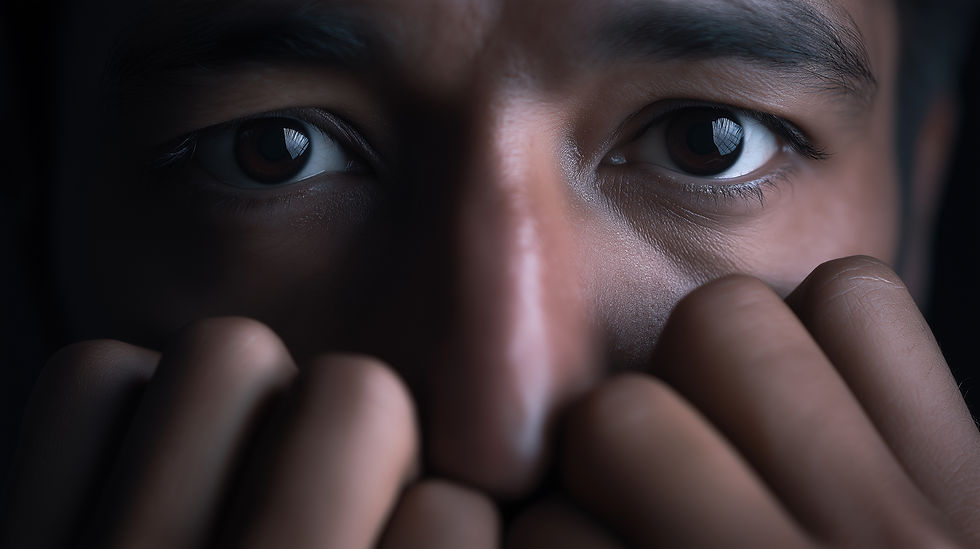 Close-up of a person's wide eyes peeking over clasped fingers in dim light, creating a tense, watchful mood.