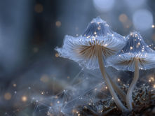 Two glowing mushrooms with intricate, white luminescent patterns stand on a forest floor, surrounded by soft, blurred lights on a misty blue background.