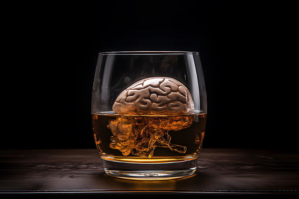 A human brain submerged in amber liquid inside a glass.
