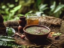 A rustic setup with a bowl of green paste, a wooden cup, a jar of liquid, and green leaves on a forest floor, creating an earthy ambiance.