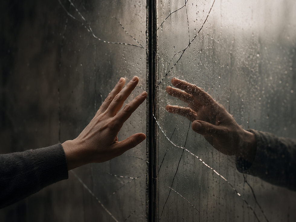 Hand reaches toward cracked, rain-speckled glass, mirrored reflection on the right in a dark, moody scene.