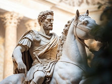 Stone statue of a bearded man in armor on horseback, set against ornate columns. The sculpture is detailed and exudes a classical, heroic aura.