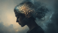 Profile of a pensive woman with glowing branch-like light in her hair, set against a misty blue-gray clouded background