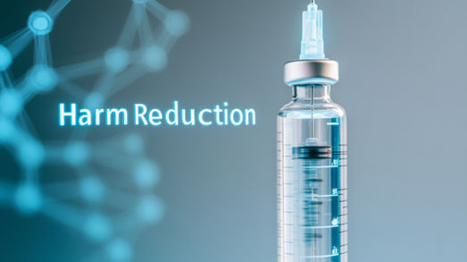 Syringe-filled vial beside glowing Harm Reduction text.