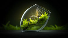 Glass DNA helix filled with bright green ferns on a dark background, illustrating a positive gene-environment interaction.