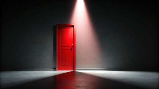 Red door under a spotlight in a dark room, casting a long shadow and red reflection on the floor.