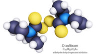 Disulfiram molecule model with blue, yellow, black, and white spheres. Text reads "Disulfiram C₁₀H₂₀N₂S₄, aldehyde dehydrogenase inhibitor (Antabuse)."