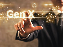 A person in a suit points towards glowing text "Gen X" with floating gears and sparkles on a blurred brown background.
