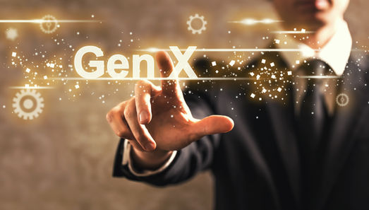A person in a suit points towards glowing text "Gen X" with floating gears and sparkles on a blurred brown background.