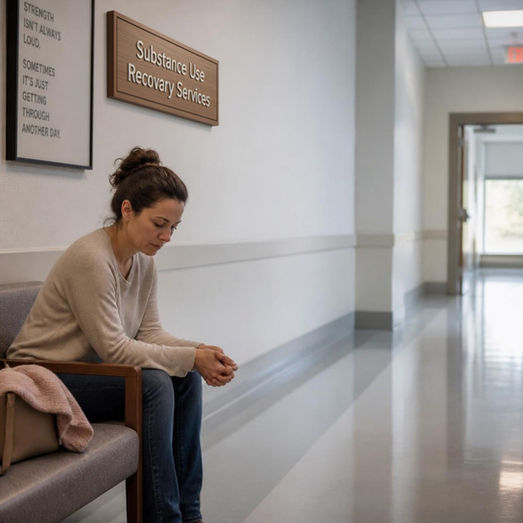 Woman sits alone in a Substance Use Recovery Services hallway, head bowed beside a quote poster; quiet, somber mood.