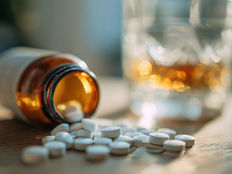 Spilled pill bottle with white pills on wooden table, beside a glass of amber liquid.