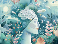 Surreal image of a peaceful face with a brain and pills in a dreamlike setting. Surrounded by flora, sun, and moon against a teal background.