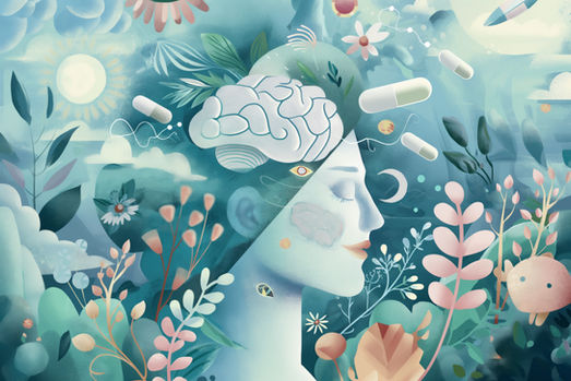 Surreal image of a peaceful face with a brain and pills in a dreamlike setting. Surrounded by flora, sun, and moon against a teal background.