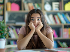 Young girl in a colorful classroom, staring wide-eyed with chin in hands, looking scared or surprised.