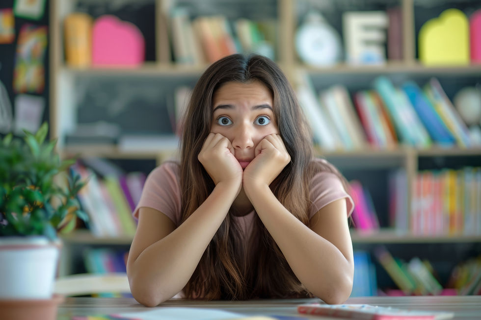 Young girl in a colorful classroom, staring wide-eyed with chin in hands, looking scared or surprised.