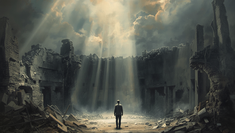Lone man stands in a ruined stone hall as sunlight beams through stormy clouds, amid rubble and dust.