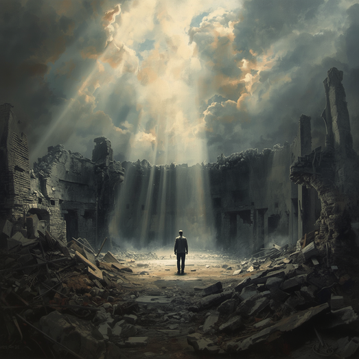 Lone man stands in a ruined stone hall as sunlight beams through stormy clouds, amid rubble and dust.